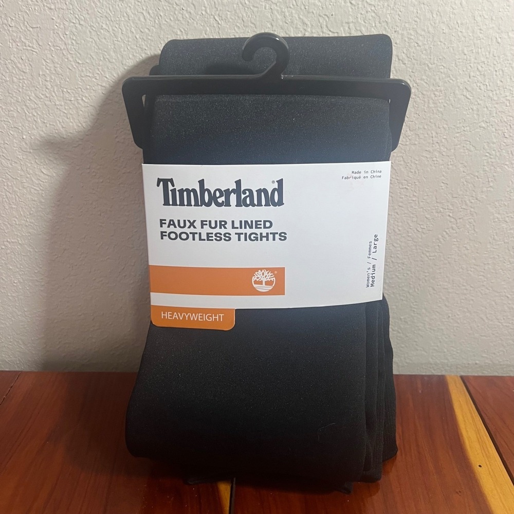 NWT Timberland Womens Faux Fur Lined Footless Tights Black Heavyweight M/L